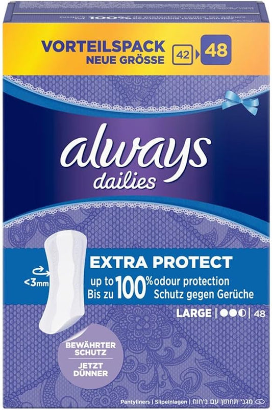 Always Daily Protect Panty Liners Long 48 Units, With Fresh Scent, Comfortable With Absorbent Heart