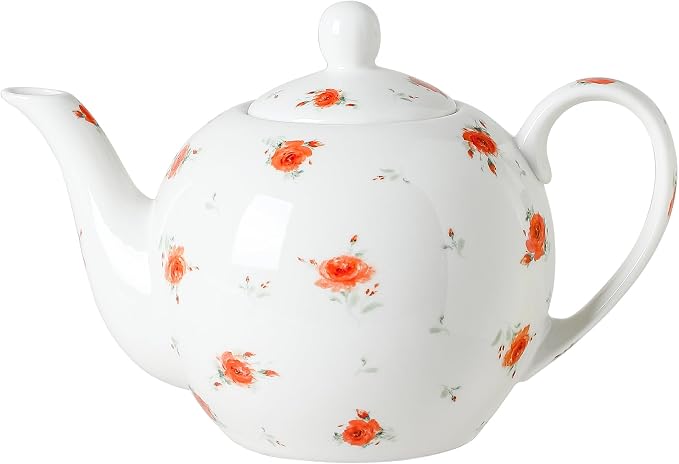 30oz FLoral Porcelain Teapot (4 Cups) - Elegant Ceramic Tea Pot with Vibrant Roses, Ideal for Loose Leaf & Bagged Tea, Dishwasher Safe