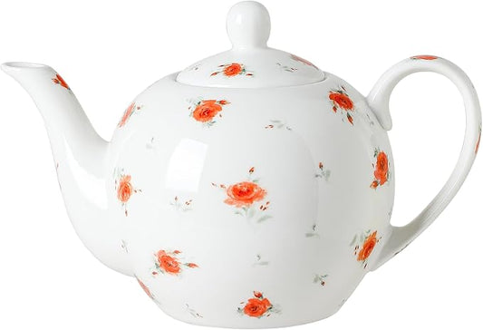 30oz FLoral Porcelain Teapot (4 Cups) - Elegant Ceramic Tea Pot with Vibrant Roses, Ideal for Loose Leaf & Bagged Tea, Dishwasher Safe