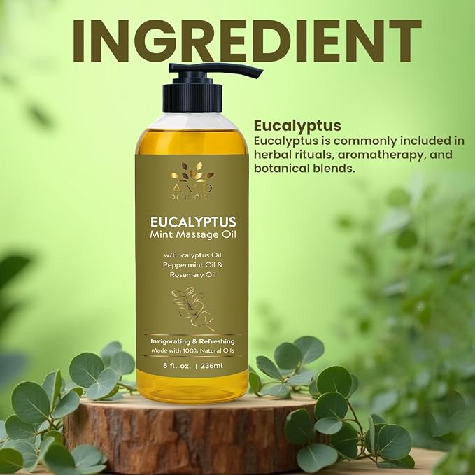 AVD Organics Eucalyptus Mint Massage Oil 236 ML | 100% Pure and Natural | Revitalizing & Cooling Aroma | Blended with Eucalyptus Sesame and Coconut Oil | for Both Men and Women | 8 fl oz