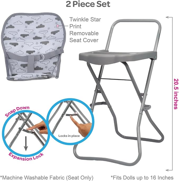 ADORA Durable Twinkle Star Baby Doll High Chair for Feeding and Imaginative Pretend Play, Suits Most Stuffed Animals, Plush Toys, and Dolls up to 16 inches, Birthday Gift for Ages 3+