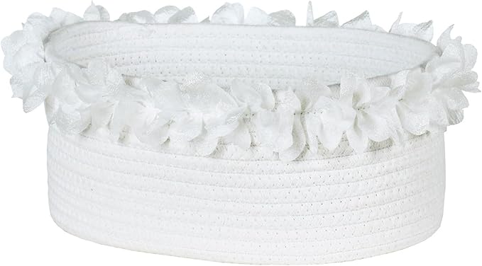 Yimi's Dream White Cotton Rope Gift Basket with Organza Lace, 12 x 8 in | Elegant Decorative Woven Basket for Weddings, Baby Shower, Newborn Photos, Easter, Nursery, Gifts, Toys, and Home Decor
