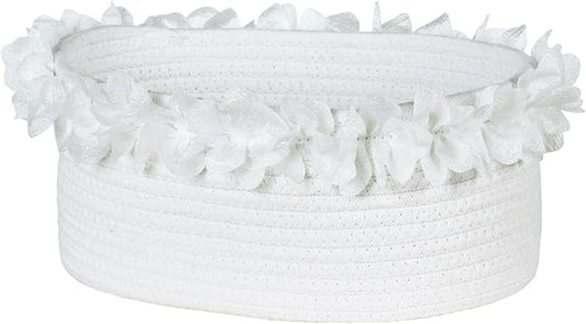 Yimi's Dream White Cotton Rope Gift Basket with Organza Lace, 12 x 8 in | Elegant Decorative Woven Basket for Weddings, Baby Shower, Newborn Photos, Easter, Nursery, Gifts, Toys, and Home Decor