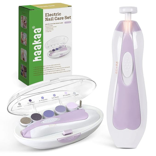 haakaa Baby Nail Trimmer Electric Baby Nail File Kit with LED Light, Baby Nail Clippers for Newborn/Infants/Adults Toenails and Fingernails, 6 Replacement Heads & Storage Case, Purple