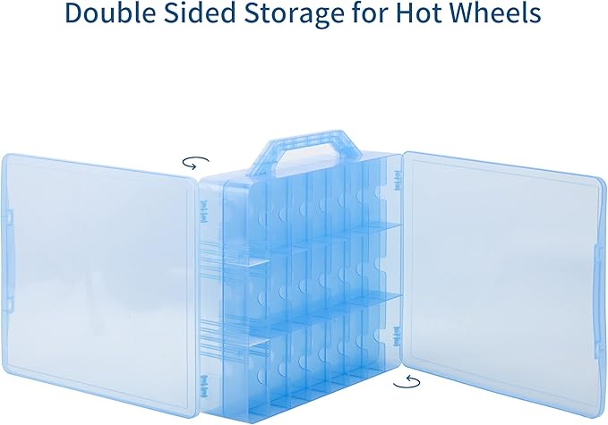 Double Sided Storage Case for 48 Cars, Matchbox Cars, Mini Toys, Small Dolls - Portable Transparent Case (Blue)