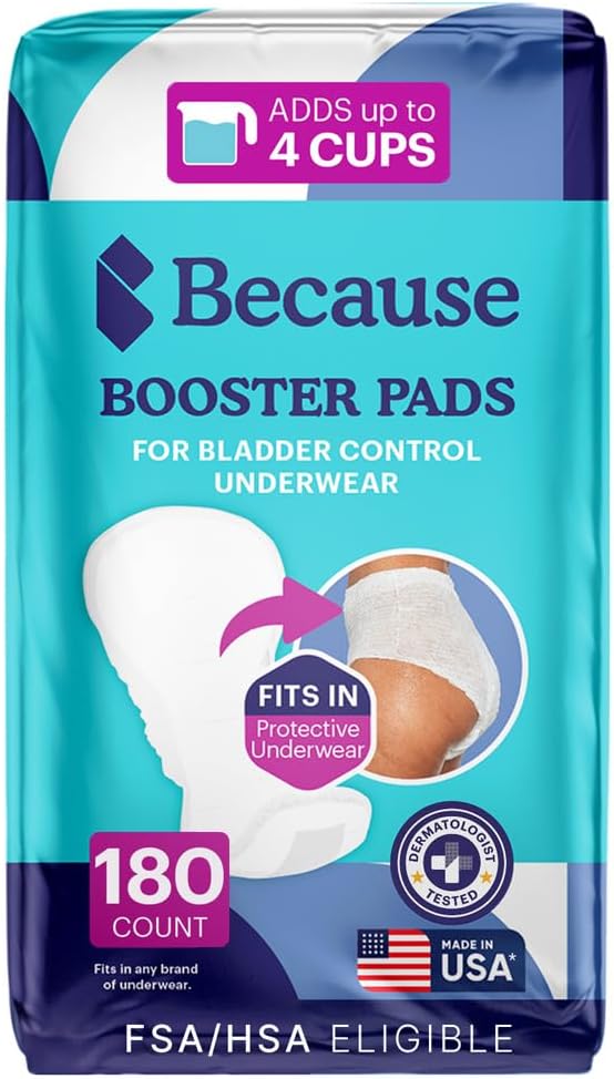 Because Overnight Booster Pads Fit All Adult Diapers, Helps Keep Your Adult Diaper Active All Night, Adds 4 Cups to Incontinence Underwear, Extra Absorbency, 180 Count (Packaging May Vary)