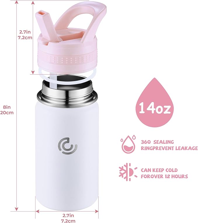 Kids Water Bottle,14oz Stainless Steel Insulated Water Tumbler Leak-Proof,School Water Mug,Small and Portable,Suitable for Boys and Girls to Use(White)