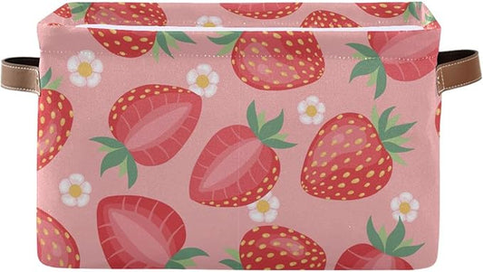 Aslsiy Storage Basket - Fresh Strawberry Pink Nursery Bins Baby Box Canvas Clothes Shelf Laundry Hamper Gift Basket for Home Closet - 1 Pcs