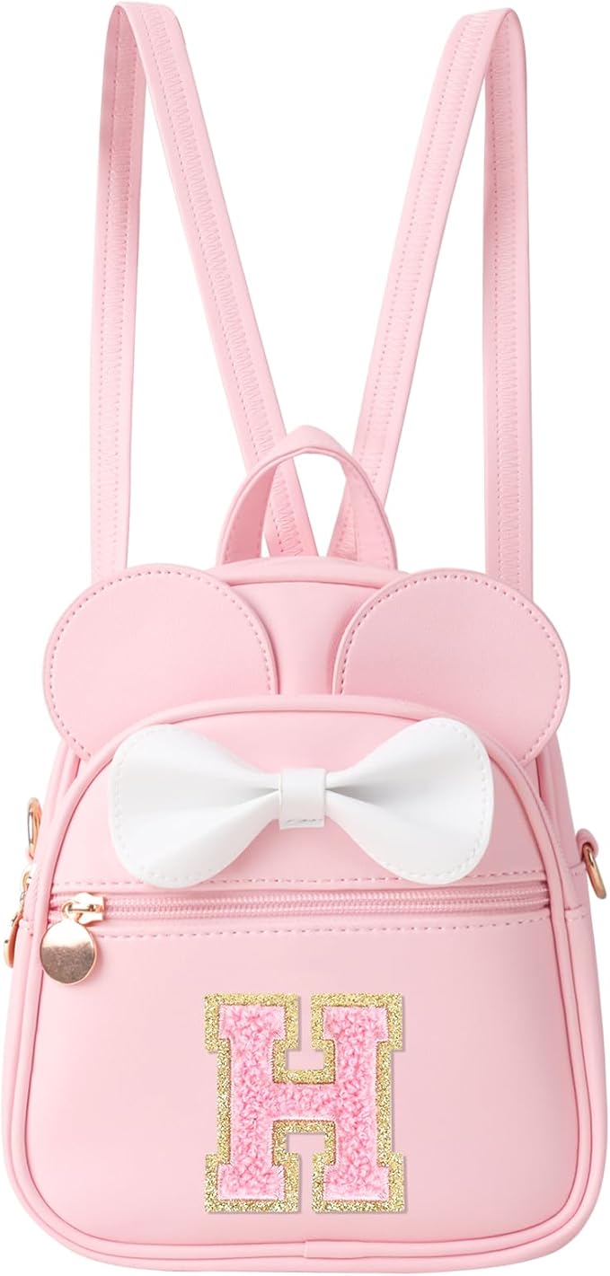 Personalized Toddler Backpack for Girls 3–10, Cute Mini Bowknot Mouse-Ear Toddler Bookbag Crossbody Purse, Small Daypack Wallet Set, Initial Birthday Gift, Trendy Little Kids/Teen Bag(Pink,H)