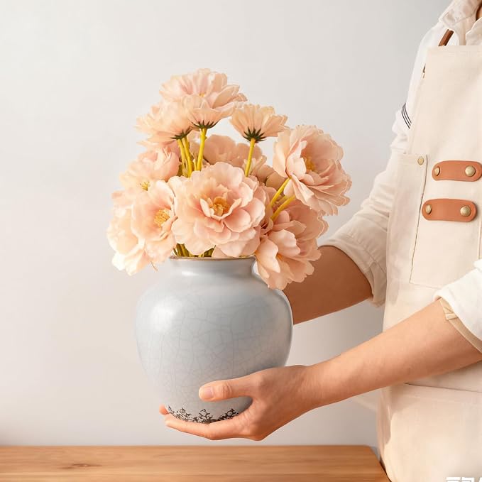 Ceramic Flower Vase Home Decor, 6.2 inch Farmhouse Rustic Vintage Decorative Vases, Pottery Terracotta Boho Flowers Vases for Dining Table, Living Room, Shelf, Kitchen, Bedroom (6.2"-Beige)