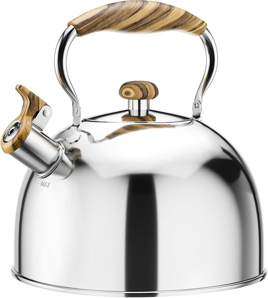 2.6 Quart Whistling Tea Kettle for Stovetop, Silver | Food Grade Stainless Steel with Cool Wood Pattern Handle, Induction Compatible