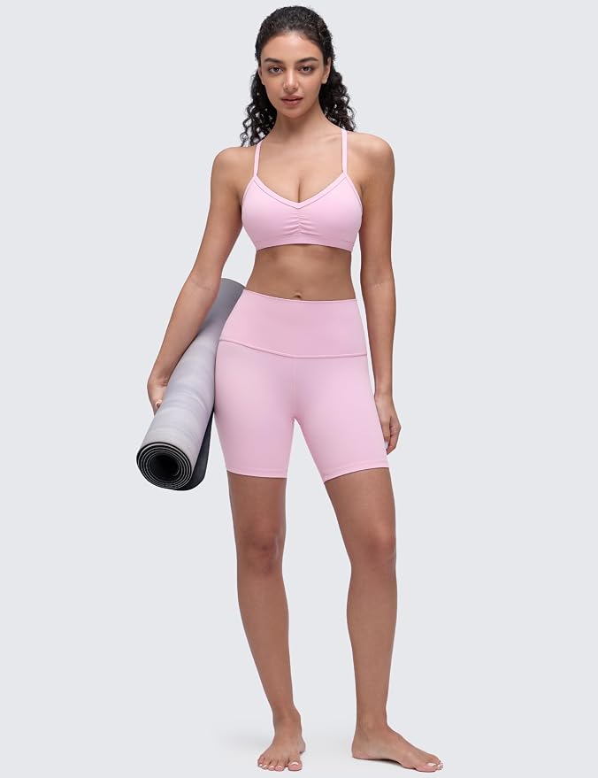 CRZ YOGA Butterluxe Ruched Sports Bras for Women - V Neck Spaghetti Thin Strap Y Back Wireless Padded Yoga Crop Top