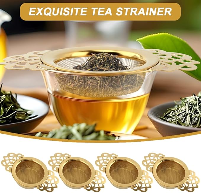 4 Pack Tea Strainer Bowl,Stainless Steel Tea Strainer Bowl, Fine Mesh Fil-ter with Drip Bowl & Winged Handles for Loose Tea/Coffee, Fits 2.5-4 Inch Cup Mouth(COLOR:Glod)