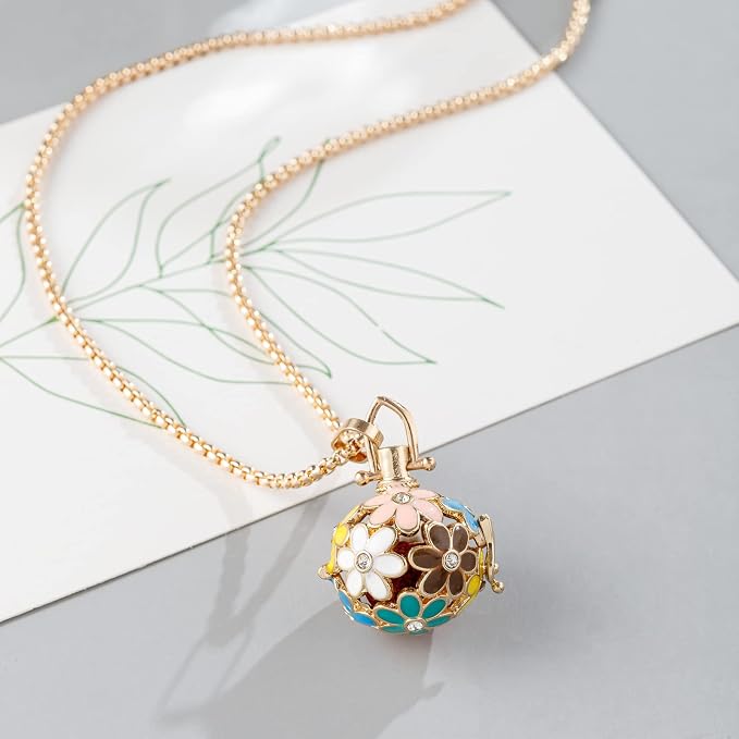 Essential Oil Diffuser Necklace Blue Chrysanthemum Rhinestones Copper Aromatherapy Pendant Locket with 7pcs Lave Rocks Stone and 2pcs 27 Inch Gold Chain Jewelry for Women TeenGirls