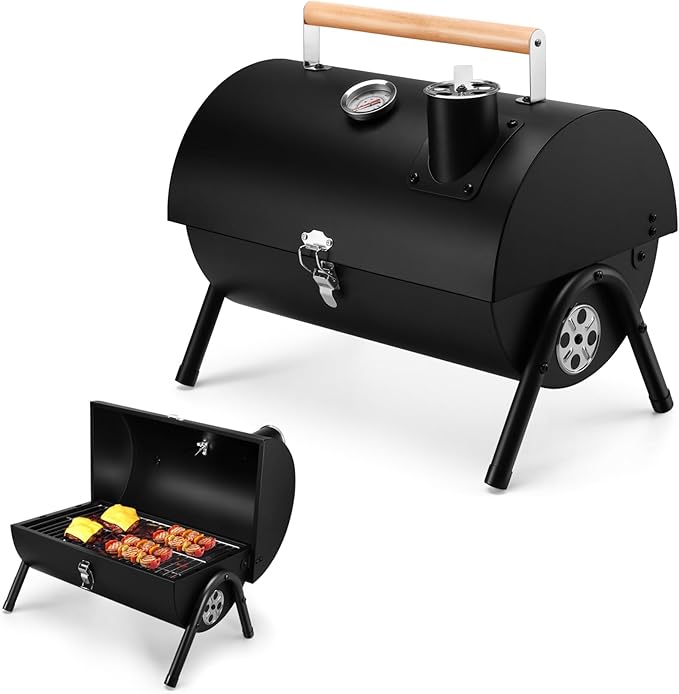 Joyfair Portable Charcoal Grill with Thermometer, Small BBQ Camping Grills | For Outdoor Backyard Party Tabletop Barbecue Cooking, Extra Thick Steel & Heavy Duty, Innovative Design & Easy Assembly