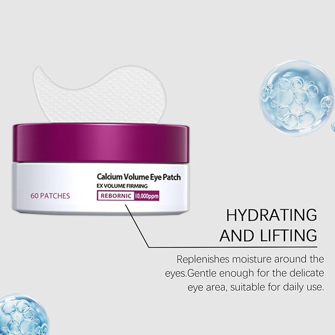 Calcium Volume Eye Patch with Rebornic 10,000ppm & Hydrolyzed Elastin – 60 Patches for Puffiness Relief, Fine Lines, Firming & Lifting, Hydrating Eye Patches for Face and Neck Care