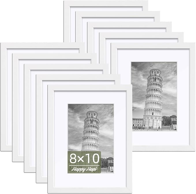 HappyHapi 8x10 Picture Frames Set of 10, Wall or Tabletop Display, White | White 8x10 Frame Display Photos 5x7 with Mat or 8x10 without, Gallery Wall Frame Set for Room & Home Decor