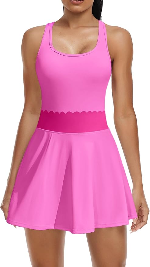 ATTRACO Tennis Outfits for Women Racerback Golf Dress Workout Dress | Athletic Skirt Set, Built-in Shorts, 2 Pockets, Scalloped, Racerback, High Waisted, Pickleball, Workout Set