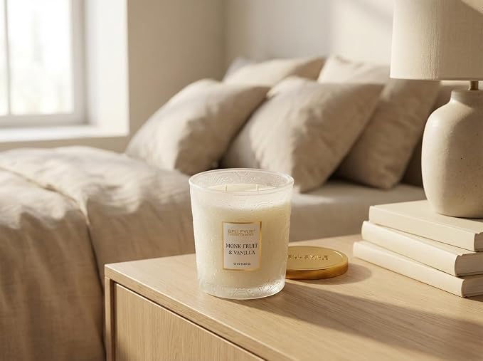 Bellevue Luxury Candles, 12 OZ Soy Blend Candle, Embossed Glass, Fragrances formulated with Essential Oils, Home Fragrances, Scented Candles Gift Set ǀ Scent: Monk Fruit & Vanilla
