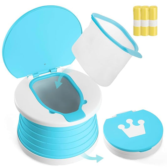 Portable Toddler Travel Potty with Silicone Insert – Foldable Potty Chair for Car & Road Trips, Spill-Resistant Training Toilet, Compact Emergency Potty, Includes Disposable Bags - Blue