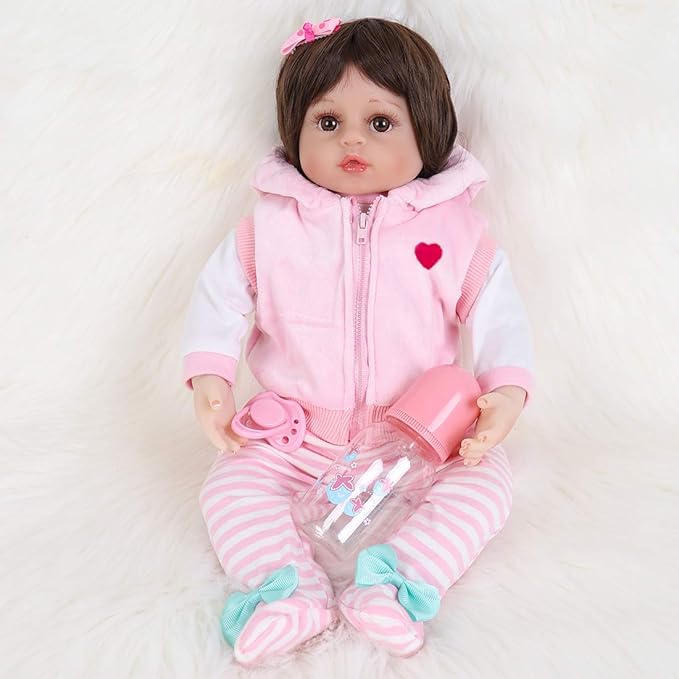 ENADOLL Lifelike Reborn Baby Dolls - Realistic Baby Doll 16 inch Newborn Girl Doll with Feeding Accessories Gift Set (Pink Vest)