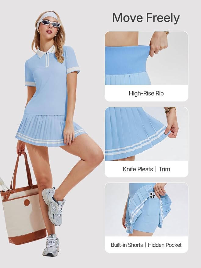 Women's 2-Piece Tennis Skirt Set, Polo V-Neck Top & High-Waisted Pleated Skirt, Athletic Outfit for Golf Pickleball