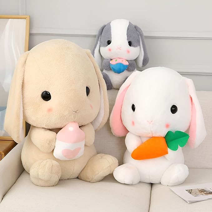 HOUPU Soft Toy - Sitting Lop Eared Rabbit, Easter White Rabbit Stuffed Bunny Animal with Carrot Soft Lovely Realistic Long-Eared Standing Pink Plush Toys (Brown-Milk Bottle,12.5in/32cm)