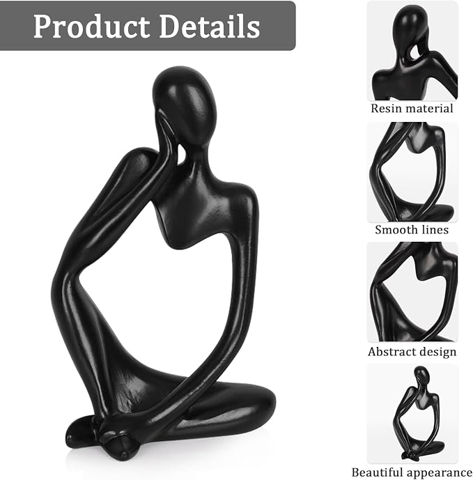 Sandstone Resin Thinker Statue Style Abstract Sculpture, Black, 3pcs | Small Statue Collectible Figurines, Modern Aesthetic Ornament for Home Office Bookshelf Desktop Coffee Table Decor