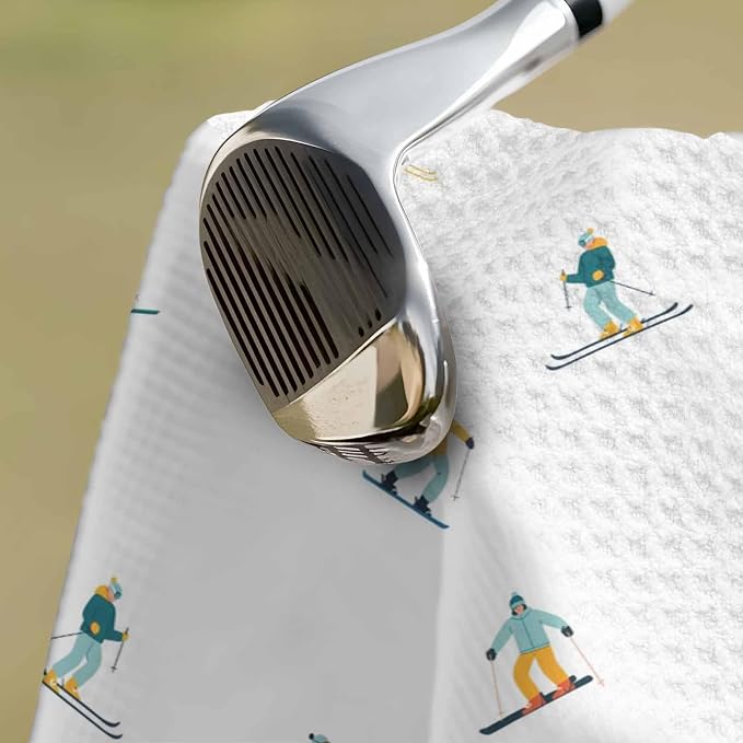 Skiing Golf Towel with Clip, Winter Snow Ski Sports Cartoon Boys Girls Skier Large Microfiber Women Men Sports Work Out Disc Golf Bag Towel for Yoga, Gym, Fitness, Swimming Towels Accessory
