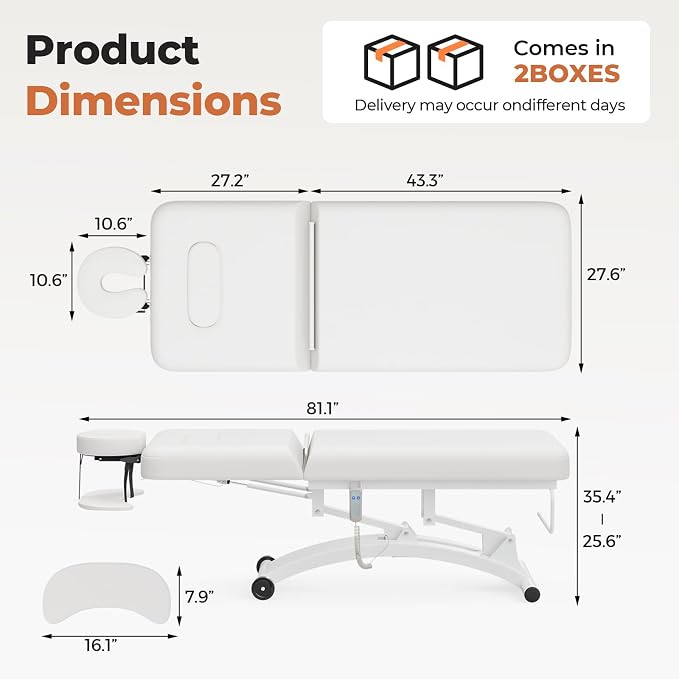 Paddie 550lbs Hi-Lo Electric Massage Table Professional, White | Hydraulic Adjustable Backrest, Adjustable Face Cradle, Rolling Wheels