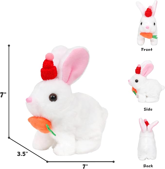 Easfan Hopping Bunny Plush Jumping Spotted White Rabbit with Hat Ears Nose Moving Educational Plush Toy Interactive Toy Electric for Toddlers Kids,7"