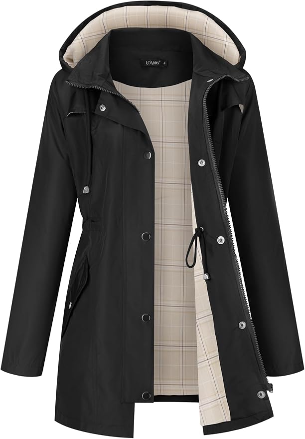LOMON Women Waterproof Outdoor Hiking Raincoat Women Lined Rain Jacket Lightweight Hooded Jackets Trench Coats