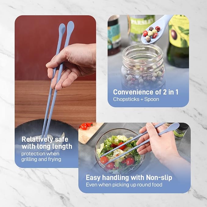 Reusable Long Silicone Cooking Chopsticks with Spoon 12 Inches 1 Pair, Dishwasher Safe, BPA-free Non-Slip,Korea Kitchen Utensils (Pastel Blue, 1 Pair )