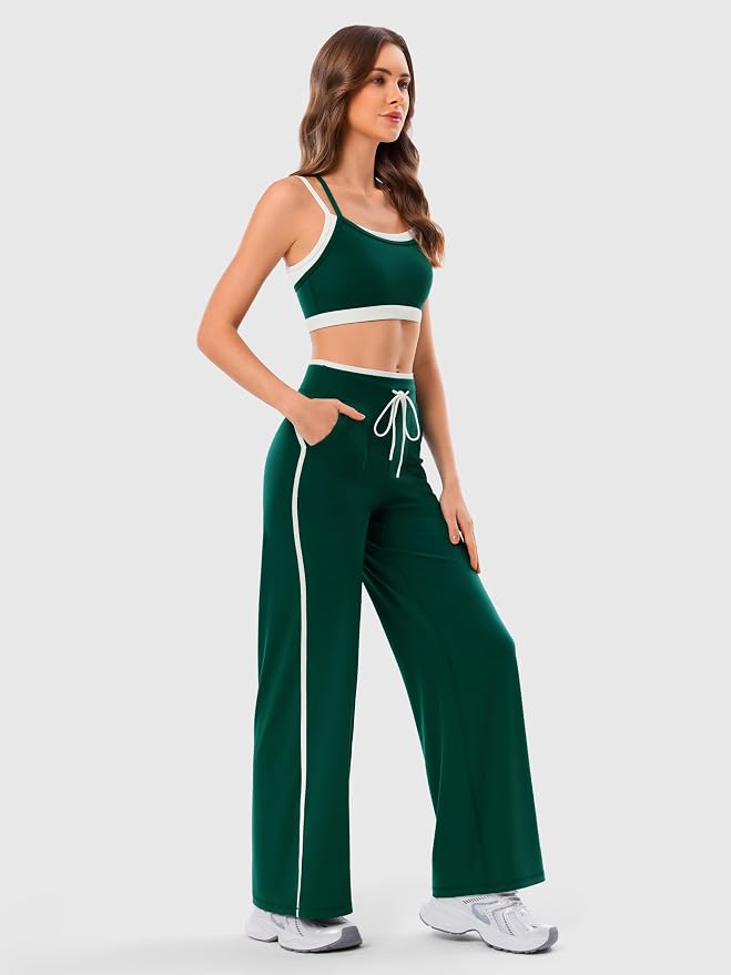 Women's Wide Leg Yoga Pants with Side Stripe, High Waisted Color Block String Lounge Pants, Workout Flowy Track Pants with Pockets