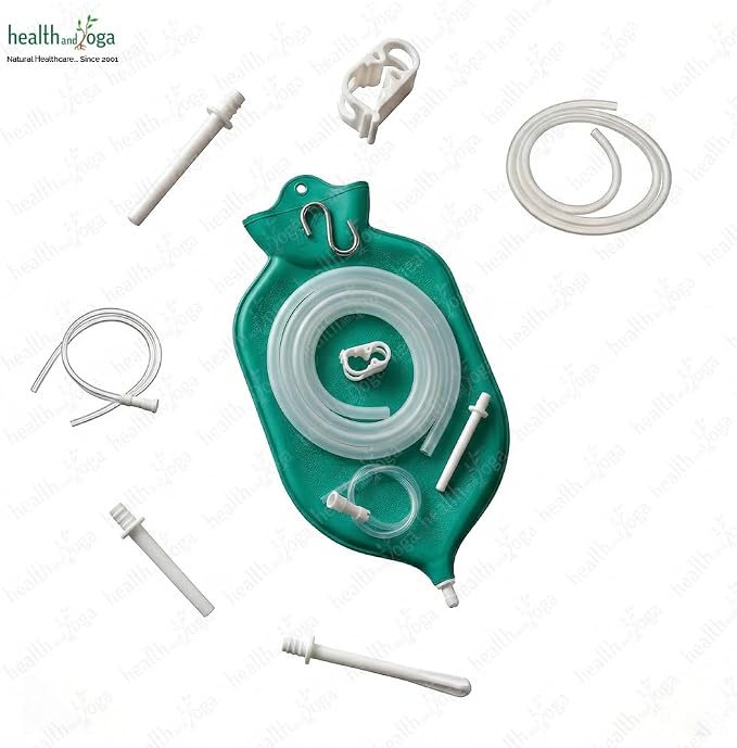 HealthAndYoga™ NaturoFlo Superior Enema Bag Kit with Silicone Tubing Hose and Fittings - 2 Quart Fountain Open top Kit for Fleet Enema and Anal Douche - Green