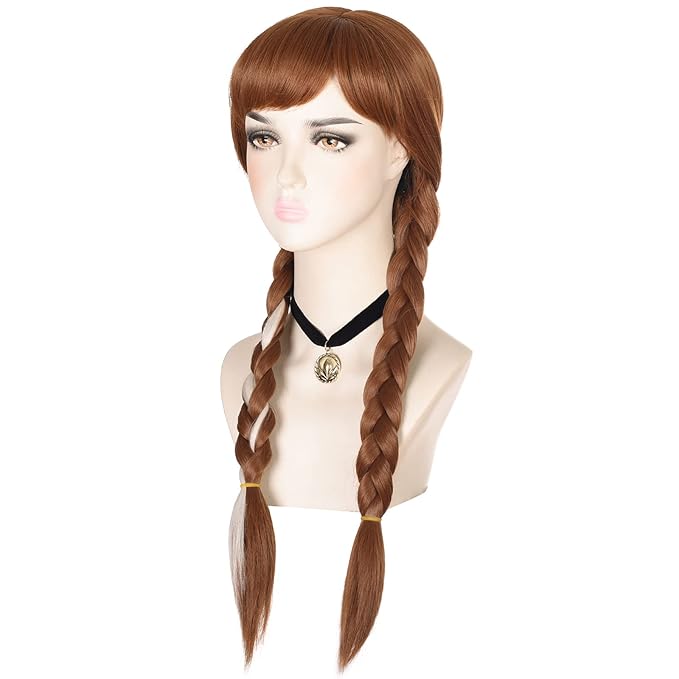 morvally Long Brown Braided Cosplay Wig for Women with Necklace Pigtails Synthetic Hair Wigs for Princess Costume Halloween Party Adult Size (Adult)