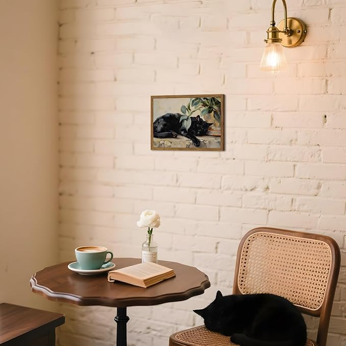 Framed Black Cat Canvas Wall Art, Vintage Sleeping Cat with Plant Picture Wall Decor Paintings, Cute Animal Poster Prints Rustic Aesthetic Home Decor for Living room Bedroom Bathroom 8x10 inch