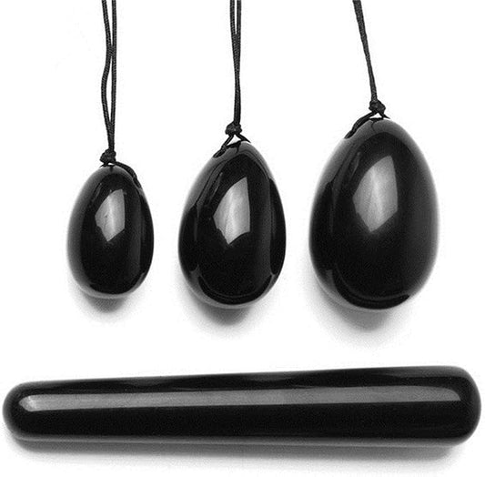 4Pcs Set Jade Yoni Eggs Stick,3 Pcs Drilled Natural Obsidian Quartz Crystal Jade Eggs Massage Stone + 1 Pcs Massage Stick for Women Kegel Exercise Strengthen Pelvic Floor Muscles