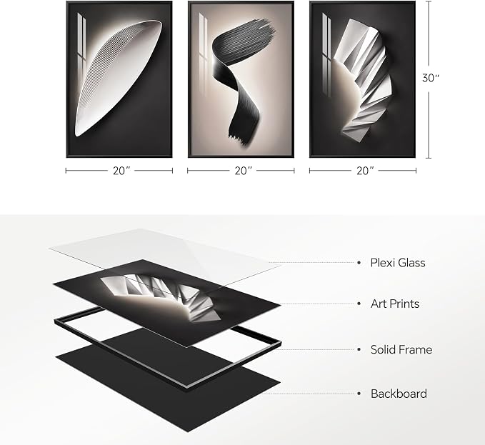 Large Framed Modern Abstract Wall Art 3 Piece Set, Black and White Decorative Artwork, Minimalist Trendy Line Geometric Bright Style Pictures Prints for Living Room Hallway and Office 20x30 Inch