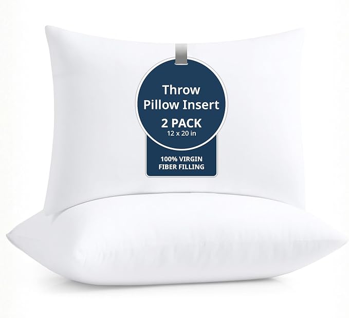LANE LINEN 12x20 Pillow Insert - Pack of 2 White Decorative Pillows for Sofa Bed, Fluffy Pillow Inserts for Cushion Covers, Bed, Couch Pillows for Living Room | Minimalist Inserts For Lumbar Back Support - Machine Washable, Ultra-Soft 120 GSM Fabric, F...