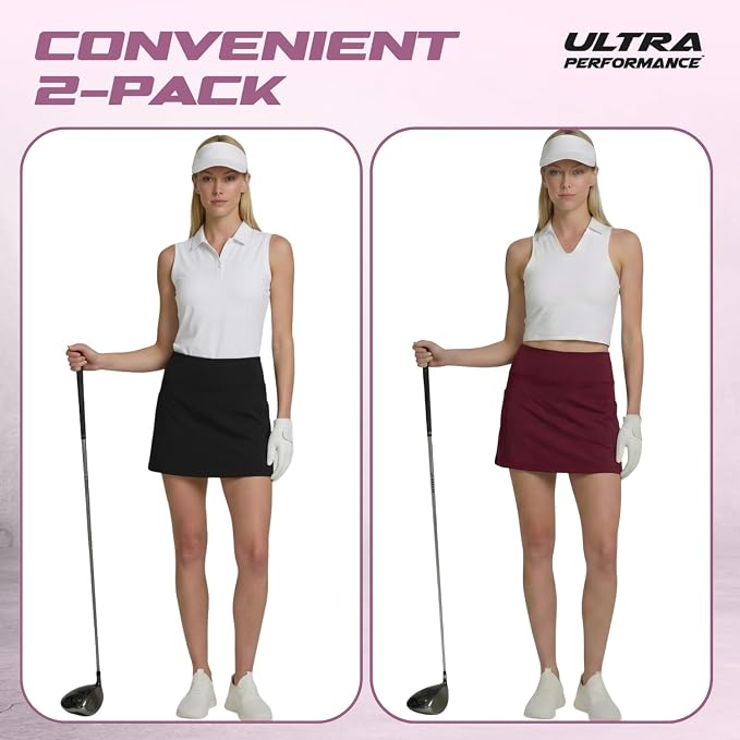 Ultra Performance Womens Golf Skirt 2 Pack Women’s Tennis Skort with Compression Liner Athletic Skirts for Women with Pockets