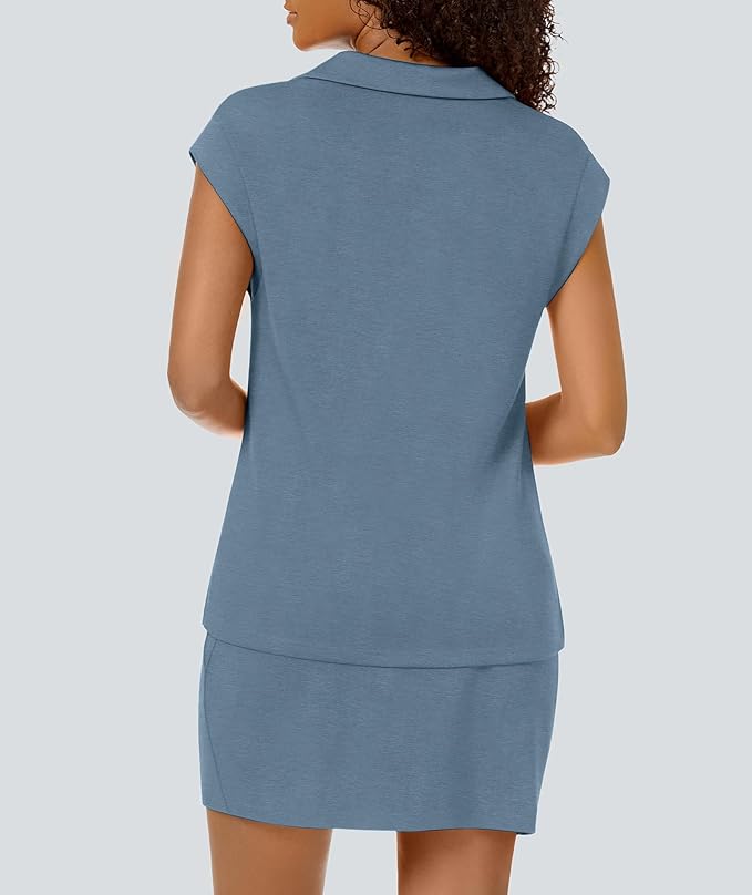 Casly Lamiit Womens Two Piece Skirt Sets Casual Cap Sleeve Lapel V Neck Tops Summer Travel Outfits Short Tennis Skort Set