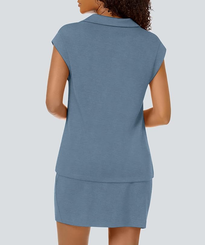 Casly Lamiit Womens Two Piece Skirt Sets Casual Cap Sleeve Lapel V Neck Tops Summer Travel Outfits Short Tennis Skort Set