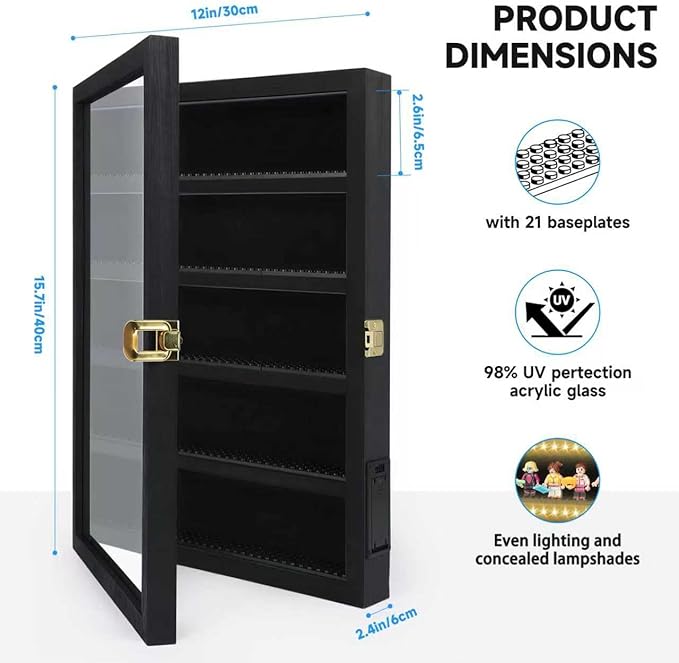 Minifigure Display Case – Black 16″ × 11″ × 2″ Showcase Cabinet with LED‑Lit Shelves, Mini Figurines Display Case with Built‑in Feet, Battery‑Powered, Cord‑Free Collection Display