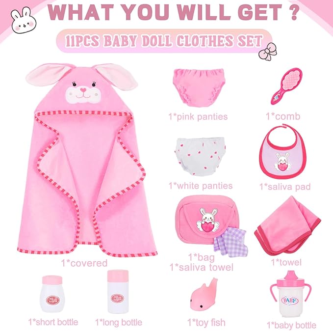 16-18" Baby Doll Accessories Set – 12-Piece Pink Rabbit Quilt & Care Kit Changing & Bathtime Playset for Baby Reborn Alive Dolls, Includes Doll Blanket, Diapers, Bottles (Dolls are Not Included
