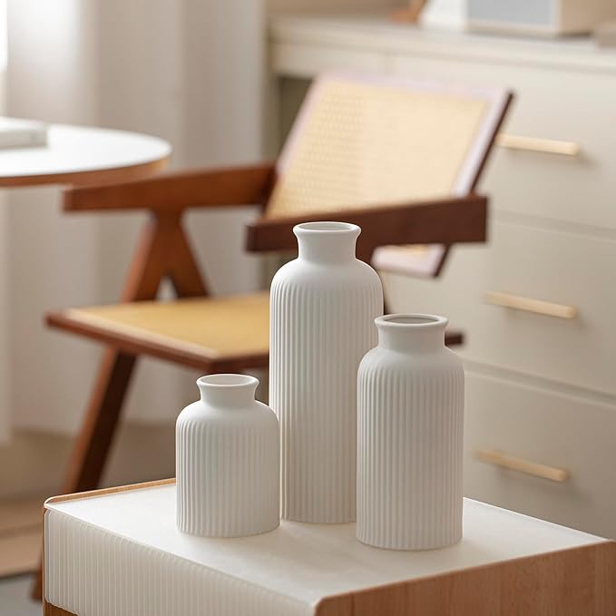 Large Modern Ceramic Vase Set, White Ribbed Matte Design, 3-Piece Decorative Vases for Home, Living Room, Office (XL White)