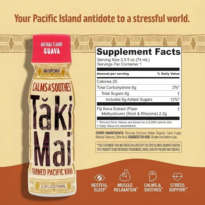 Taki Mai Guava Kava Kava 2.5 oz (6-pack) Shots – Noble Kava Root Drink, Ready to Drink for Stress Support & Relaxation, Fast Acting Herbal Support for Calming Better Sleep and Balanced Mood