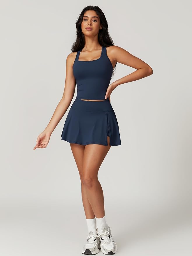 ABOCIW 2 Piece Tennis Dresses for Women Side Slit Mini Skirt Set Racerback Workout Crop Tank Top Golf Outfits