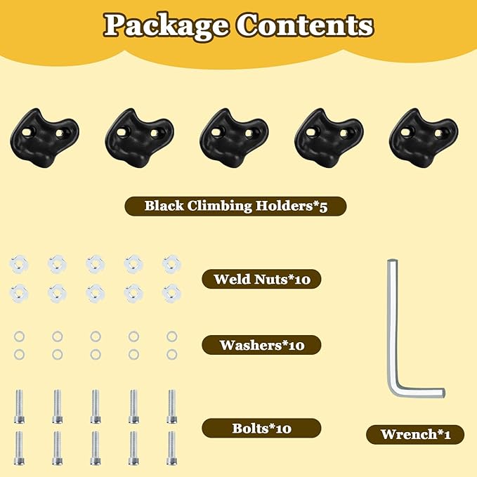 5PCS Black Rock Climbing Holds, Rock Climbing Wall for Kids, Extra Large Size Climbing Rock Wall Grips with Mounting Hardware and Wrench for Indoor Outdoor Playground, Installed on Wooden Board