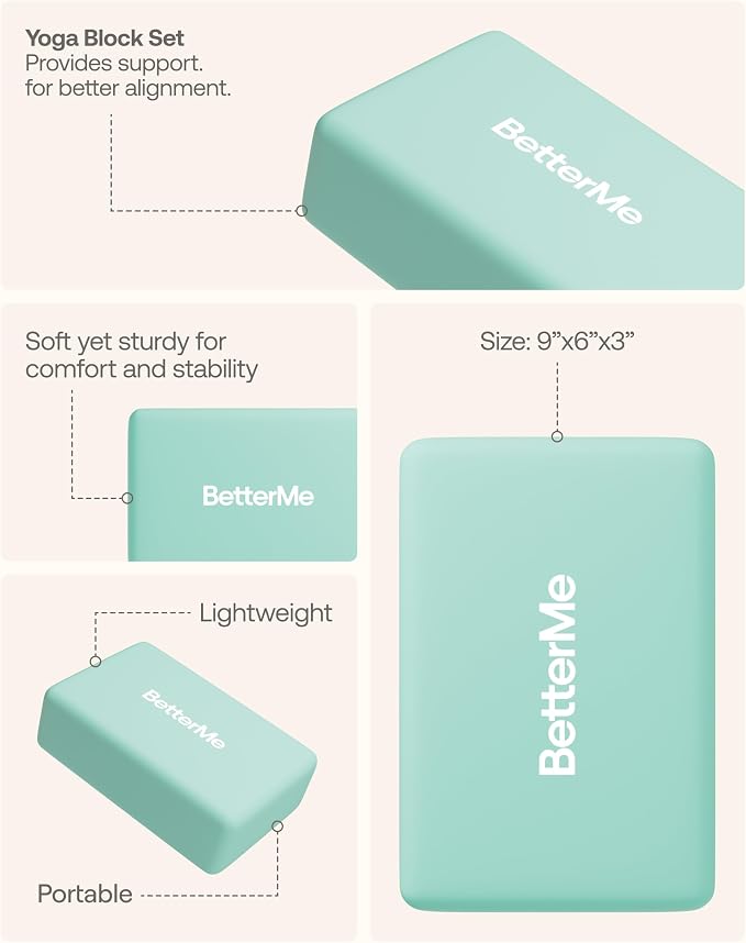 BetterMe Yoga Blocks Set of 2 – High Density Foam Yoga Blocks for Stretching, Pilates & Workouts – Lightweight Non-Slip Exercise Blocks for Flexibility & Balance